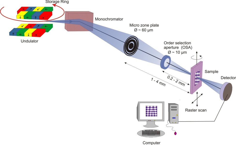 The basic setups of a scanning x-ray microscope.