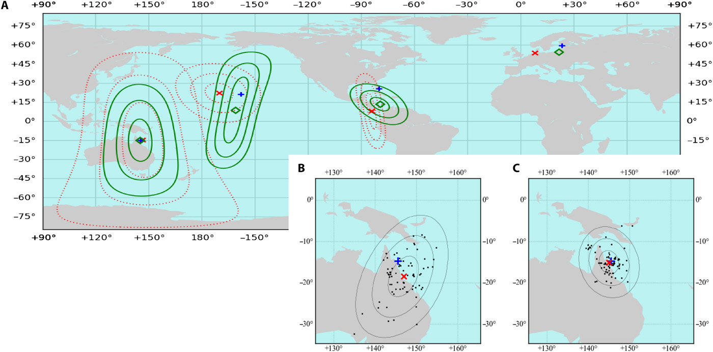 Figure 5- A visual representation of the location estimate. Picture (A) shows the estimates where no error corrections were made. Picture (B) includes only polarization data where the sun was at or above 40˚ above the horizon. Picture (C)’s prediction includes the same correction as (B) and also accounts for the calculated background errors/interactions. Picture from Powell et al. “Biosinspired Polarization Vision Enables Underwater Geolocalization.” DOI: 10.1126/sciadv.aao6841