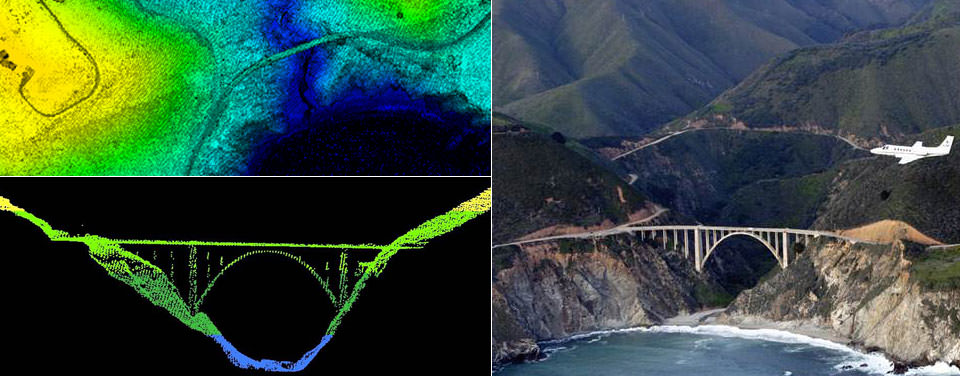 This picture of the Bixby Bridge in Big Sur, California illustrates the type of mapping that can be created by a LiDAR detector. The image on the top right is an aerial view of the bridge, while the one immediately beneath it is a profile view. Picture courtesy of the National Ocean Service.