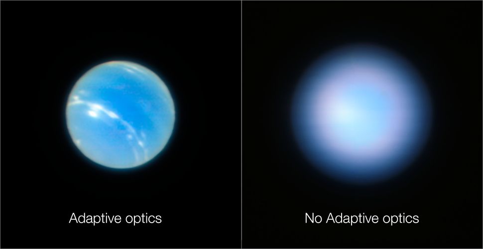 Comparison of two images of Neptune taken by the Very Large Telescope, one with the original optics and the other enhanced by the new adaptive-optics module, showcasing the improvement in clarity and detail.
