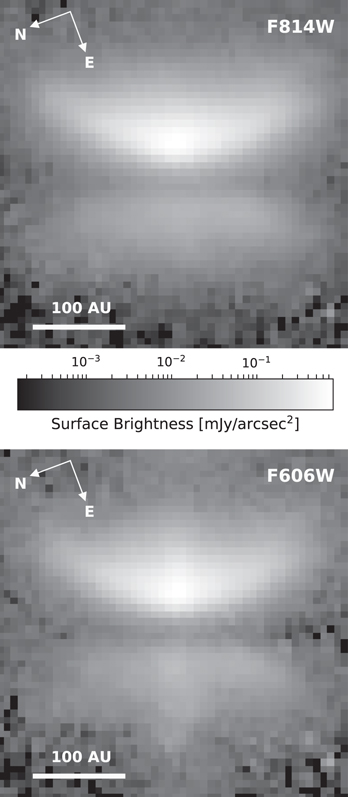 Image taken with the ACS on the Hubble Space Telescope. Scattered light image illustrating the surface brightness of a protoplanetary disk. It is bright on the west side. 