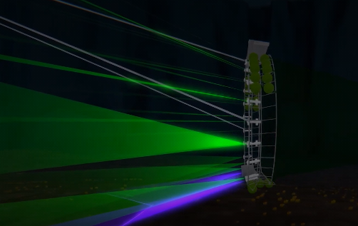 A computer generated image of the virtual trawl. The lasers are green and blue and create a net like circle in the water. This virtual trawl aims to decrease bycatch and therefore overfishing