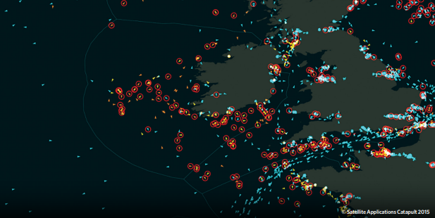 A satellite image showing where all fishing boats are located. The boats are yellow dots with a red radius around them. This map aims to locate ships and prevent overfishing