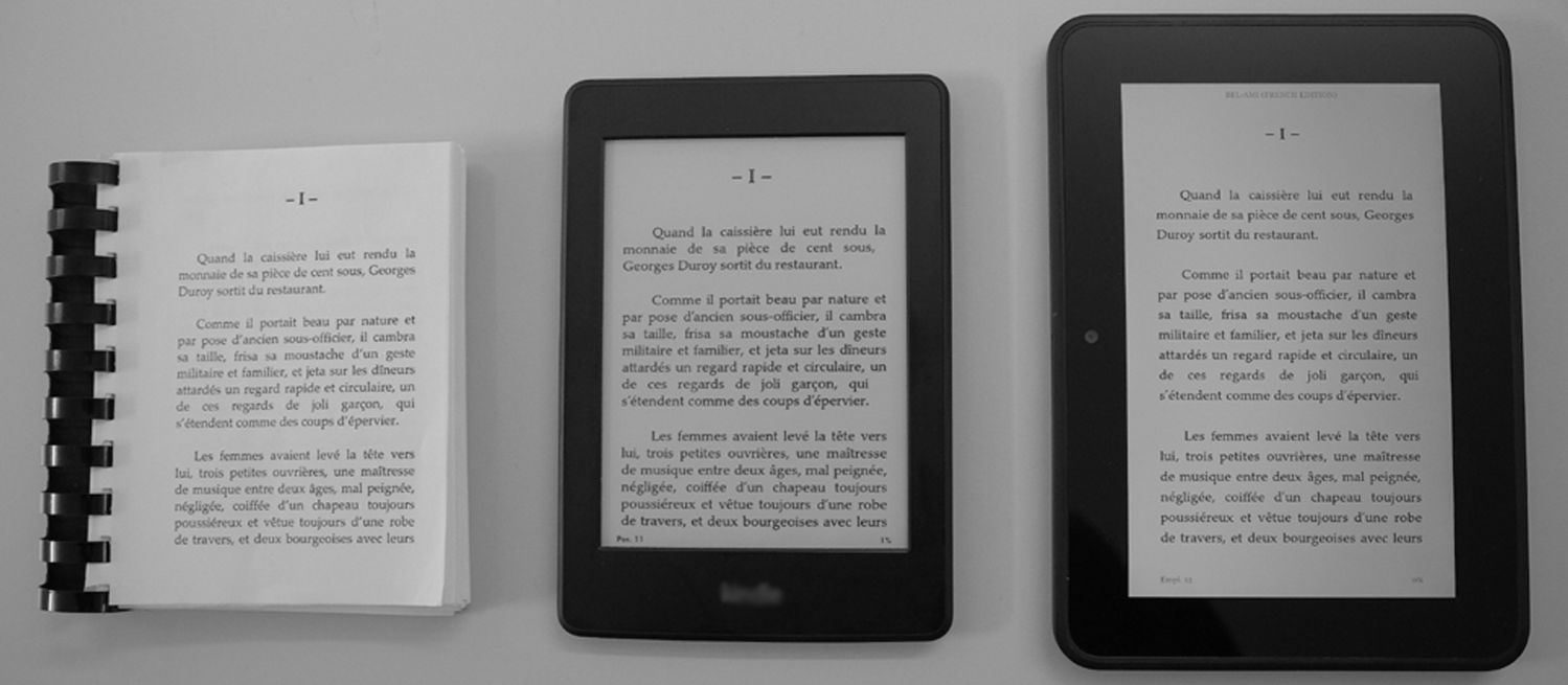 Three reading mediums. A physical book, electronic reader, and tablet from left to right
