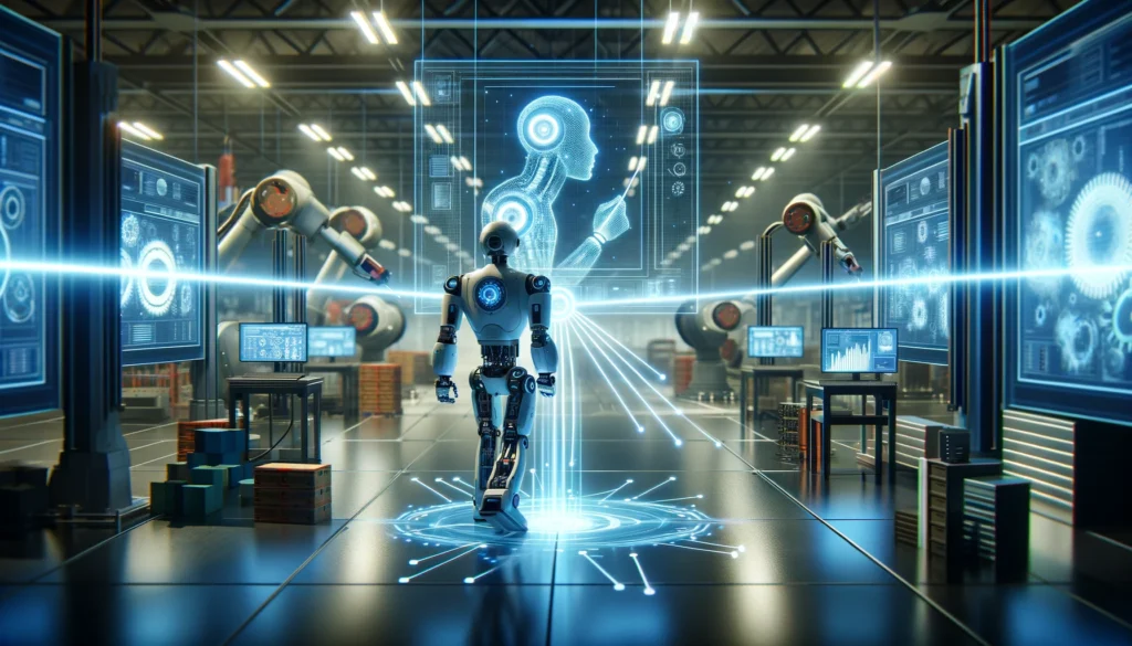 A robot using artificial vision to track objects in a futuristic laboratory setting, surrounded by high-tech equipment.
