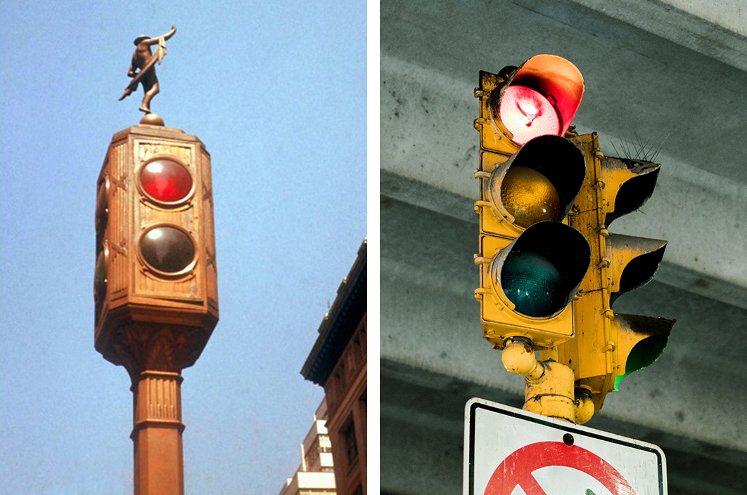 On the left is one of the first traffic signals with just two lights. On the right is a modern traffic signal with the added yellow light. 