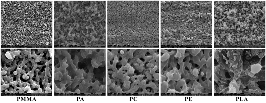 Eight images of four types of polymer surfaces after exposure to femtosecond laser pulse. From left to right, PMMA, PA, PC, PE, PLA. 