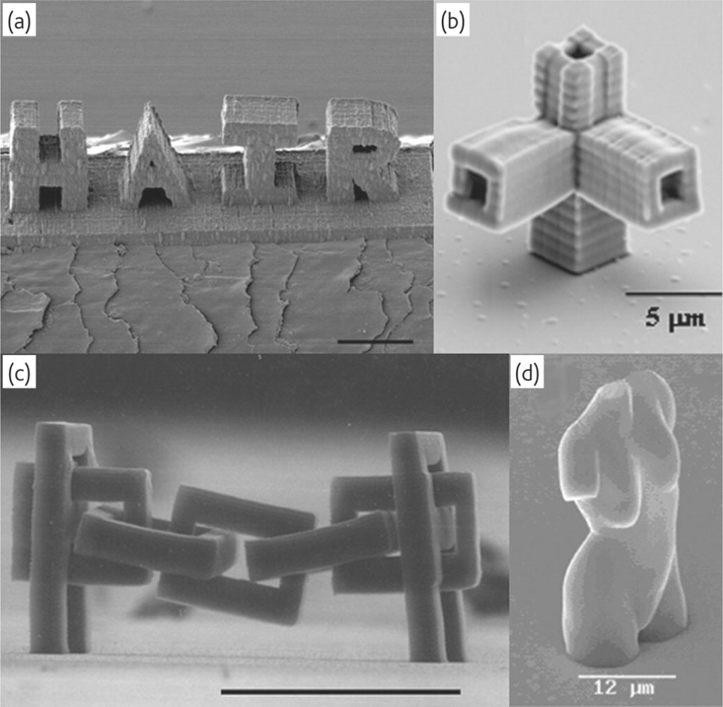 Four images of nanostructures created using multiphoton absorption polymerization. 
