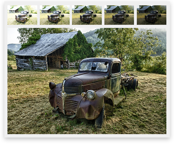 A total of six images of the same truck in a grassy field with a wooden building in the background. Five of the images are smaller and placed side by side above a larger sixth image. The row of five images have decreasing exposure from almost overexposed to underexposed. The bottom image is an HDR image using the other five. 