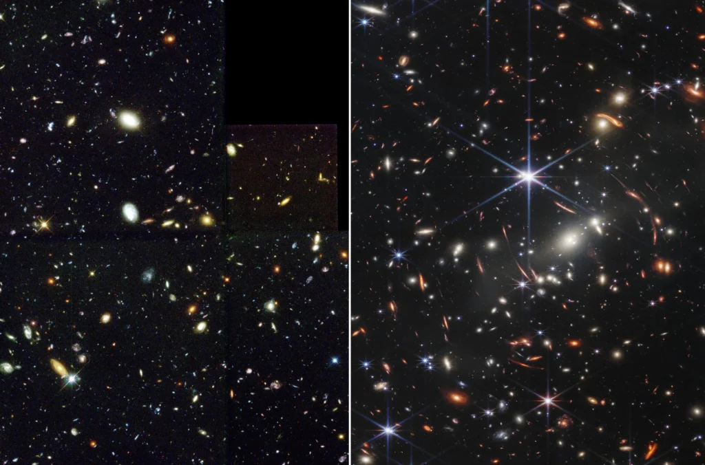 Deep field view of cosmos captured with Hubble (left) and Webb (right) telescopes