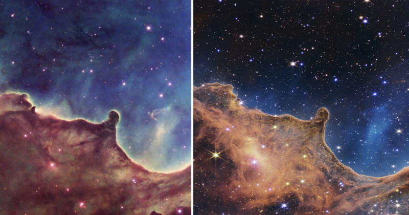 Hubble and Webb Photonics: Nebula captured with both. Left: Hubble, Right: James Webb