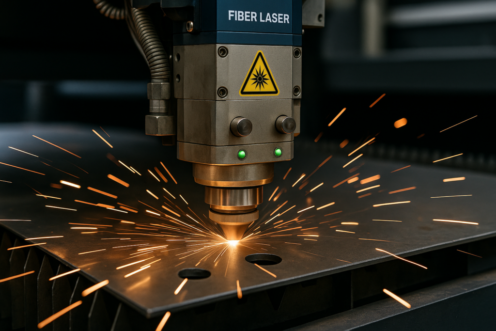 Fiber laser cutting machine generating sparks while cutting a metal sheet in a precision manufacturing environment.