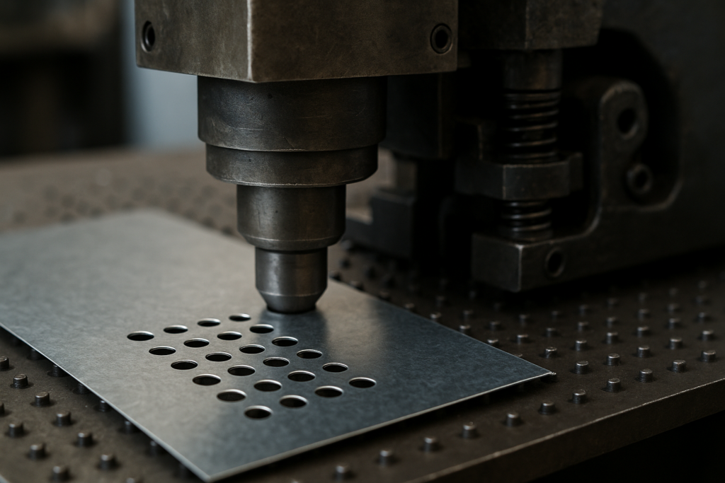 Close-up of a CNC punch press perforating a galvanized steel sheet with precise round holes during a sheet metal punching process.