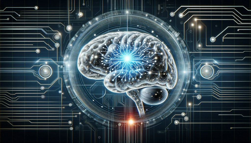 Digital illustration of a human brain interlinked with advanced technological elements, symbolizing the concept of brain-computer interfaces.