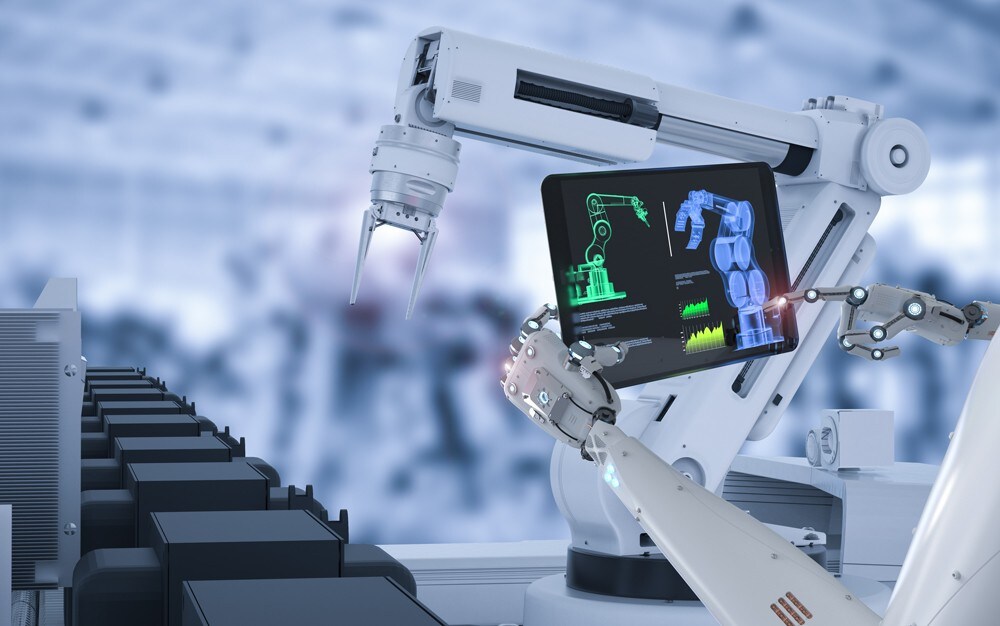 AI in Robotics: A humanoid robot holding a tablet, closely analyzing a modern robotic assembly line.