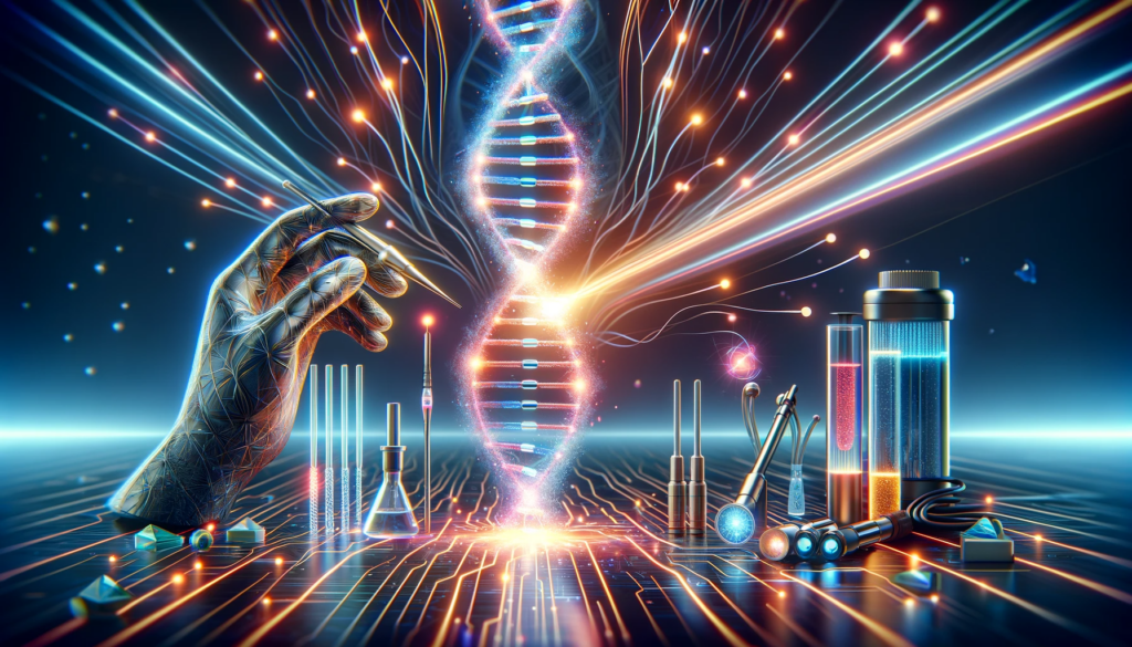 Futuristic representation of DNA sequencing with a DNA double helix intertwined with glowing optical fibers and advanced scientific instruments.