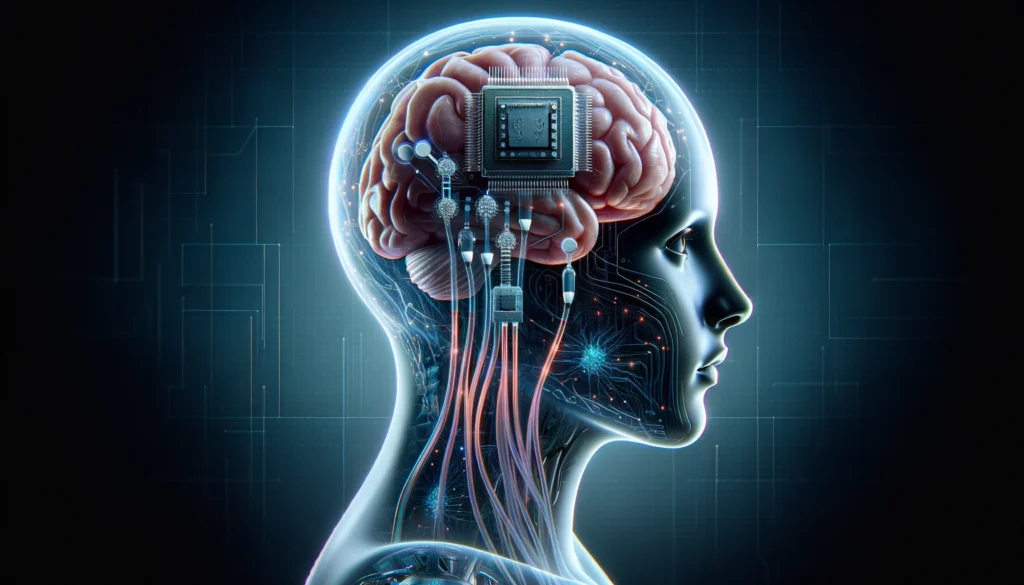 A side profile of a human head with a transparent view showing the brain connected to computer chips and electrodes, with wires running down the neck, against a dark background, illustrating a brain-machine interface.
