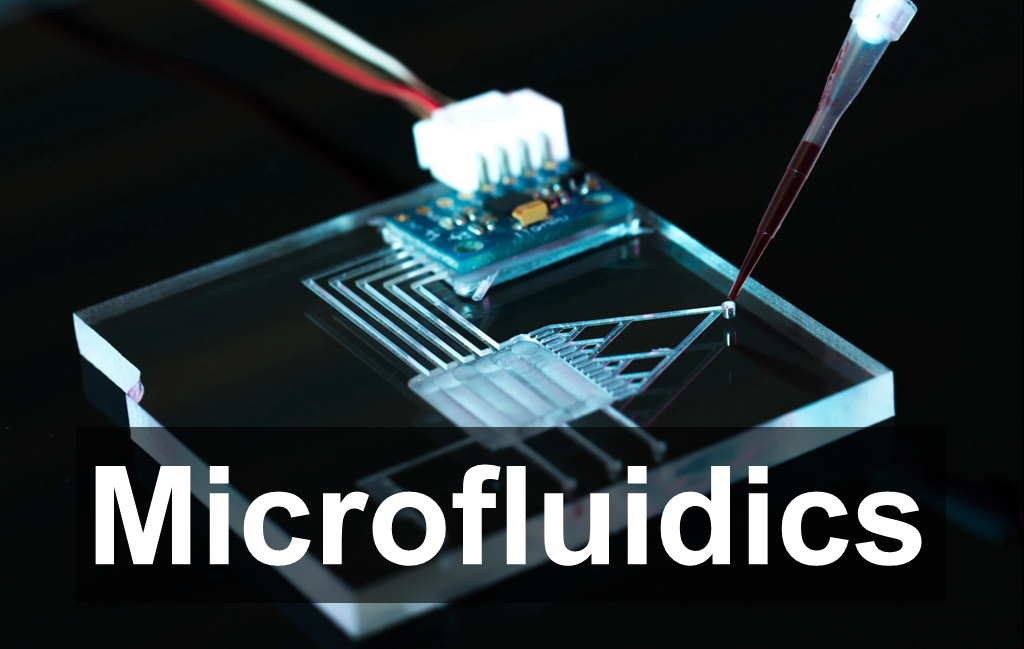 A close-up view of a complex microfluidics chip, showcasing intricate channels and reservoirs designed for precise fluid manipulation.