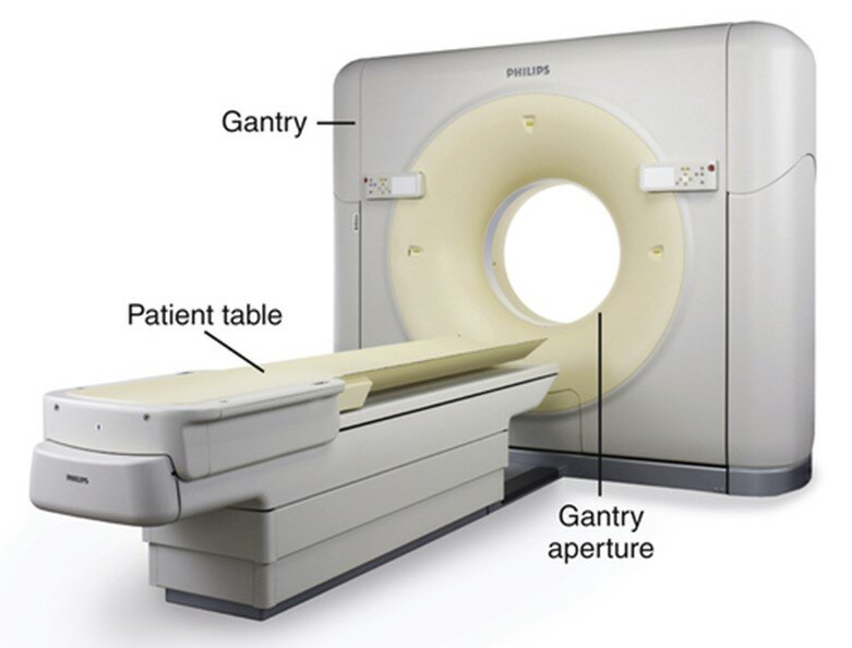 Photo of a CT scanner's patient table, engineered for smooth movement and precise positioning during scans.