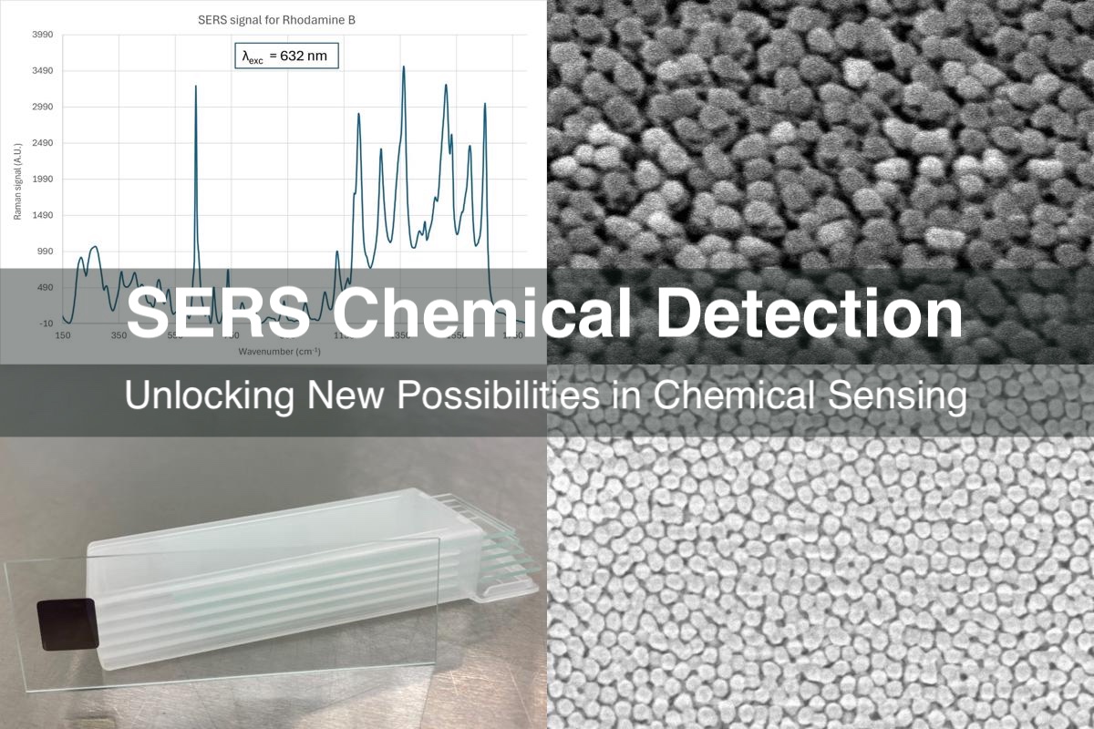 Collage of SERS chemical detection elements, including Raman spectrum, gold nanostructures, and SERS substrate used for ultra-sensitive molecular analysis.