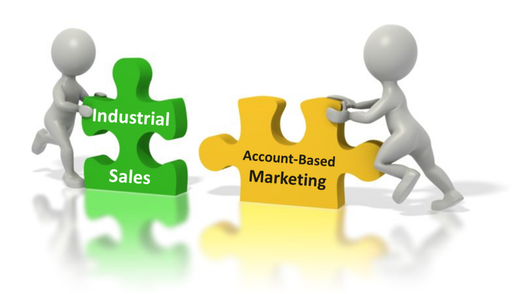 Account-Based Marketing: Puzzle pieces connecting with one displaying 'ABM' and the other 'Industrial Sales' signifying the strategic fit of Account-Based Marketing in the industrial sector.