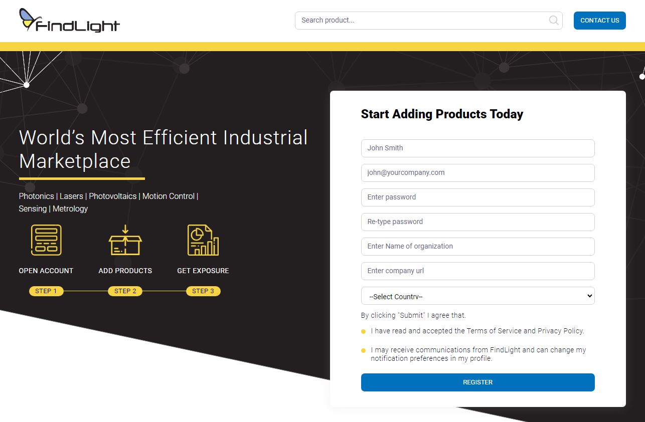 FindLight Photonics Marketplace' Get-Started Page for sellers