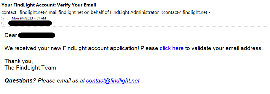 Verification email after registering on FindLight Photonics Marketplace
