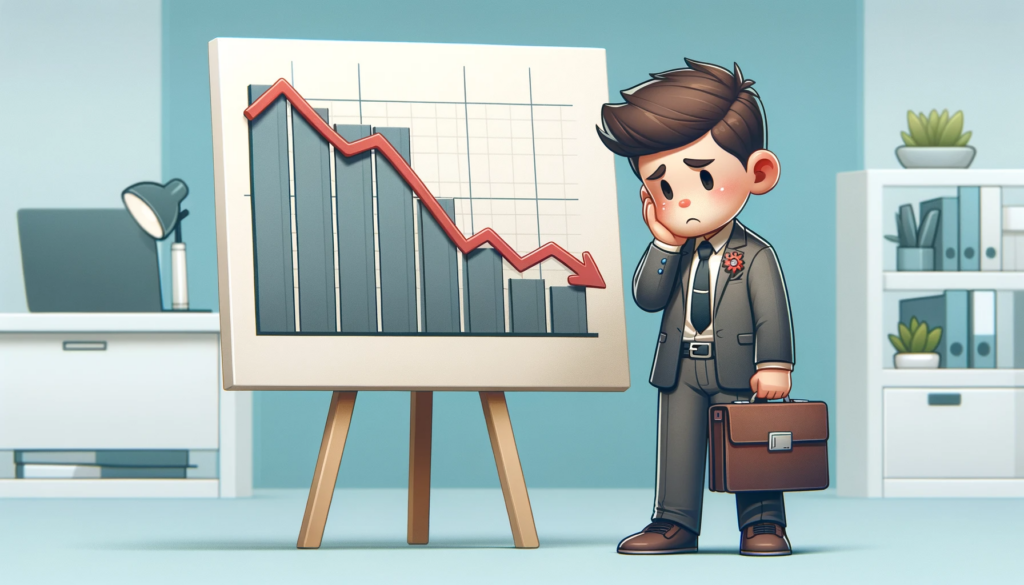 Common Sales Mistakes: Cartoon image of a sad salesman with a declining sales graph