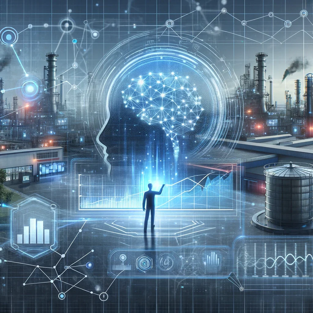 Futuristic digital landscape with a human silhouette interacting with holographic displays, symbolizing AI in industrial sales, set against an industrial backdrop with neural network patterns.