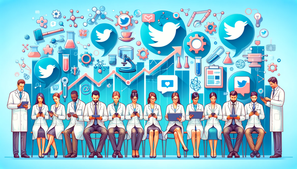 Twitter Tips for Scientific Sellers: Professionals in lab coats using tablets and smartphones with Twitter icons and growth graphs, against a Twitter-themed background symbolizing scientific equipment and social media engagement.