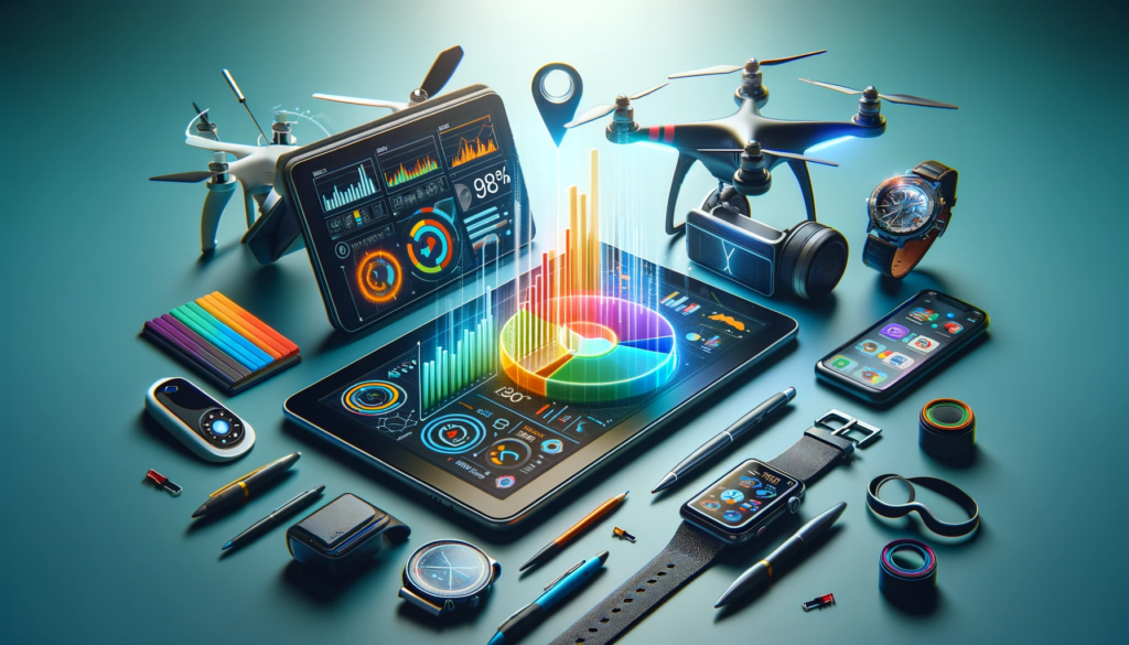 Modern tablet displaying colorful marketing analytics graphs, surrounded by high-tech gadgets like a smartwatch, VR headset, and drone, symbolizing a marketing plan for tech startups.