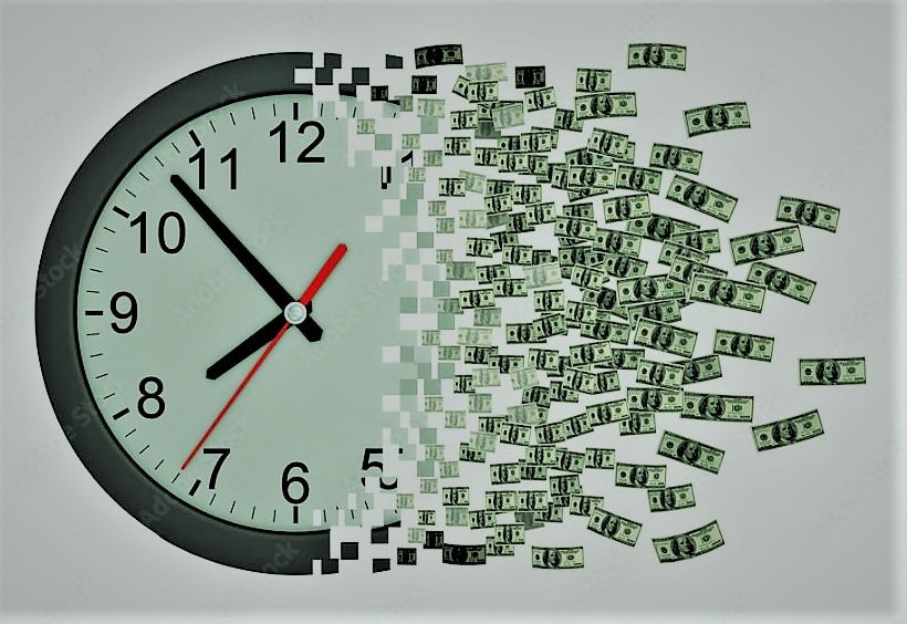 Quick Follow-Ups in Sales: Wall clock with right hand transforming into flying dollar bills, symbolizing the value of time in sales.