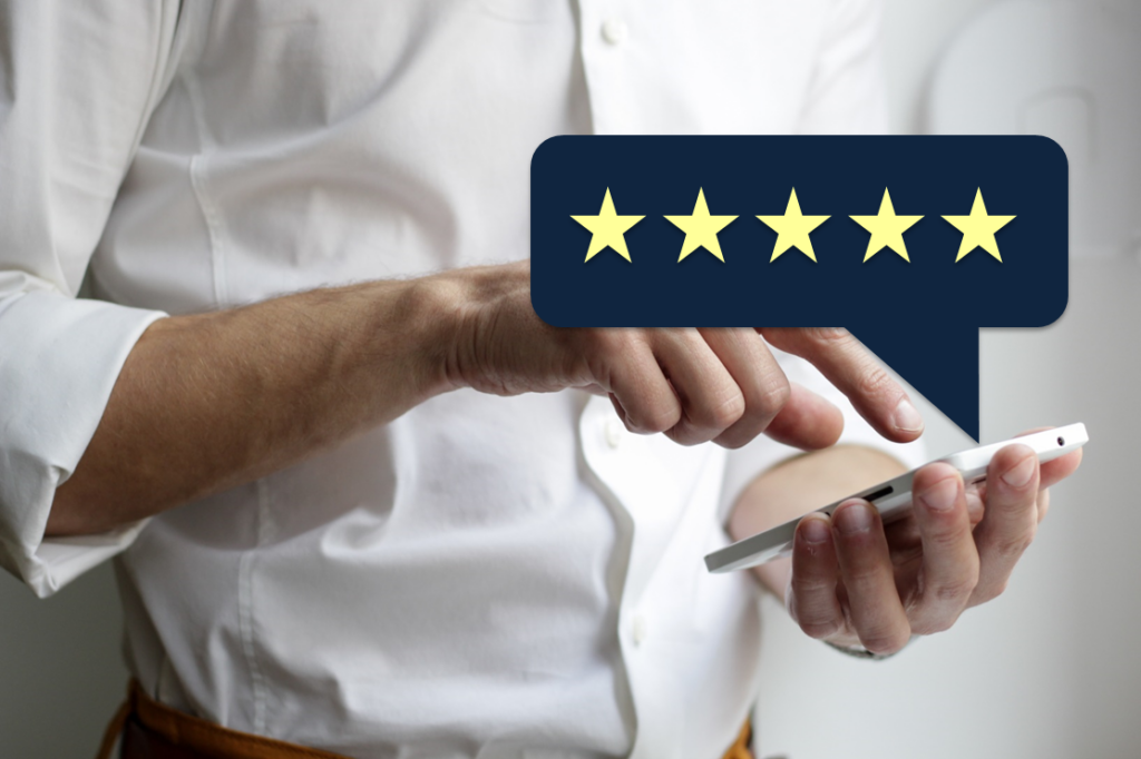 Customer Feedback: A person's hands holding an iPhone, giving a 5-star review, with the five stars in a callout box stemming from the phone.