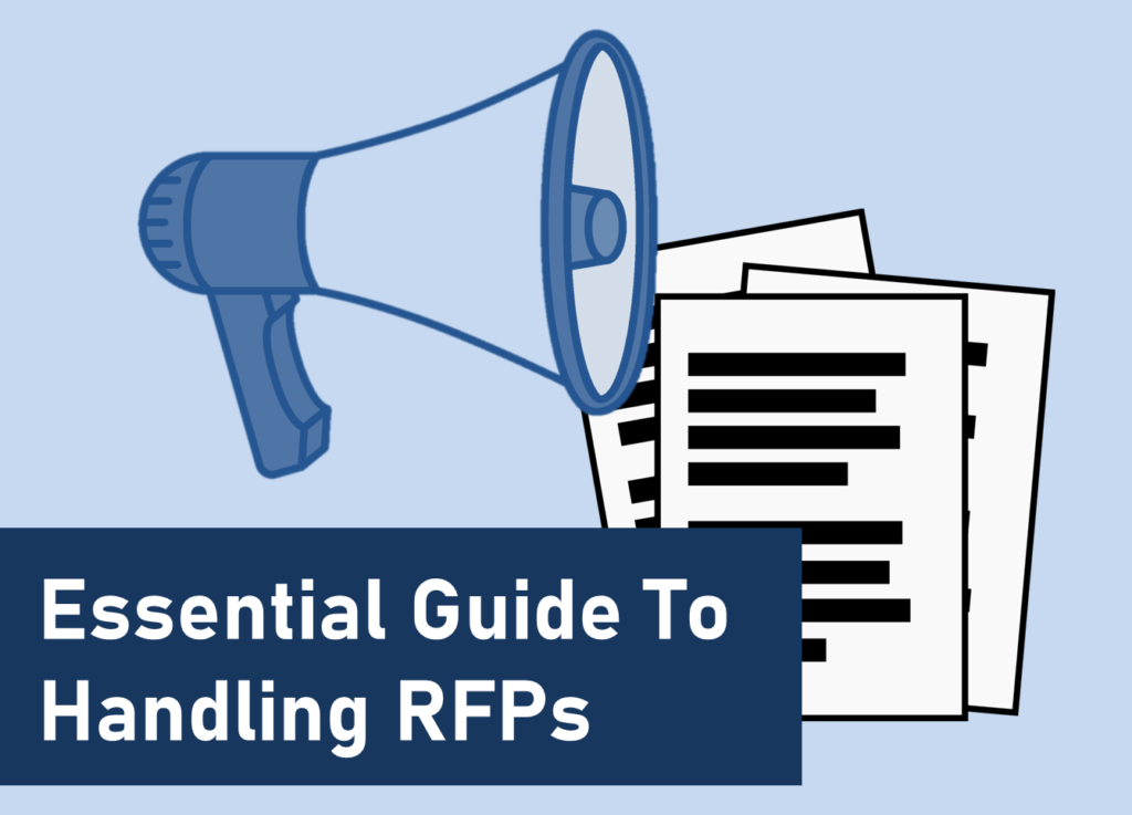 RFPs: Clipart of a broadcasting microphone and loudspeaker with documents, symbolizing communication and paperwork, alongside text 'Essential Guide to Handling RFPs'