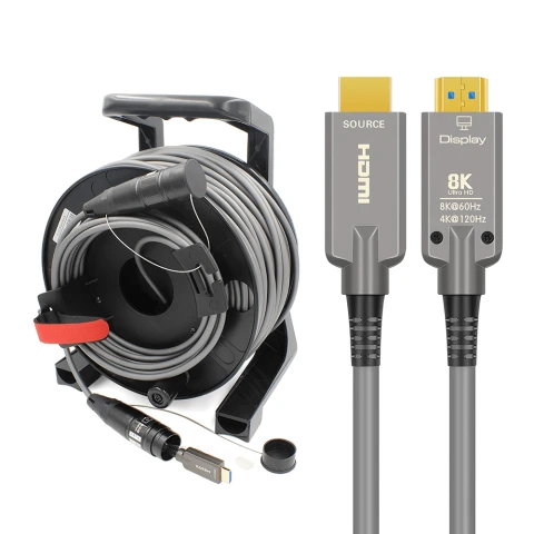 CRS-PlugNView-H Armored 8K Fiber Optic HDMI 2.1 Active Optical Cable(AOC) on Roxtone PCD 380 Tactical Drum for rental & staging photo 1
