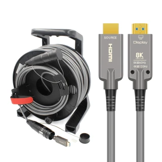 CRS-PlugNView-H Armored 8K Fiber Optic HDMI 2.1 Active Optical Cable(AOC) on Roxtone PCD 380 Tactical Drum for rental & staging